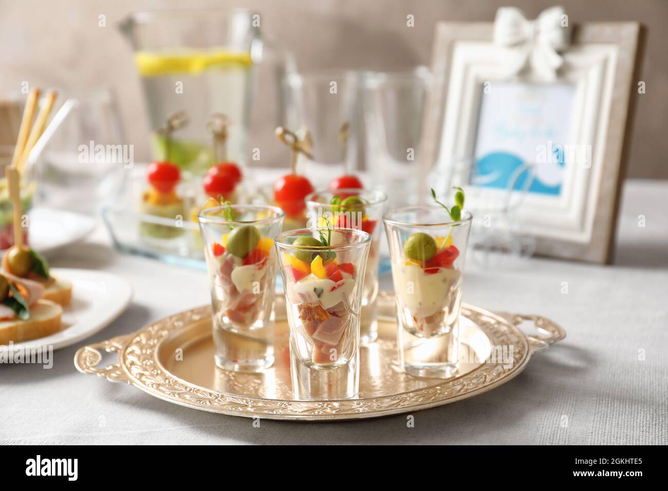 Delicious Appetizers For Baby Shower On Ornate Metal Plate Stock Photo delicious-appetizers-for-baby-shower-on-ornate-metal-plate-stock-photo