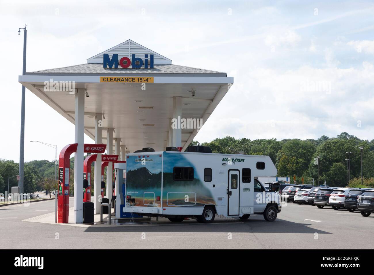 Recreational vehicle at a Mobil gas station. Stock Photo