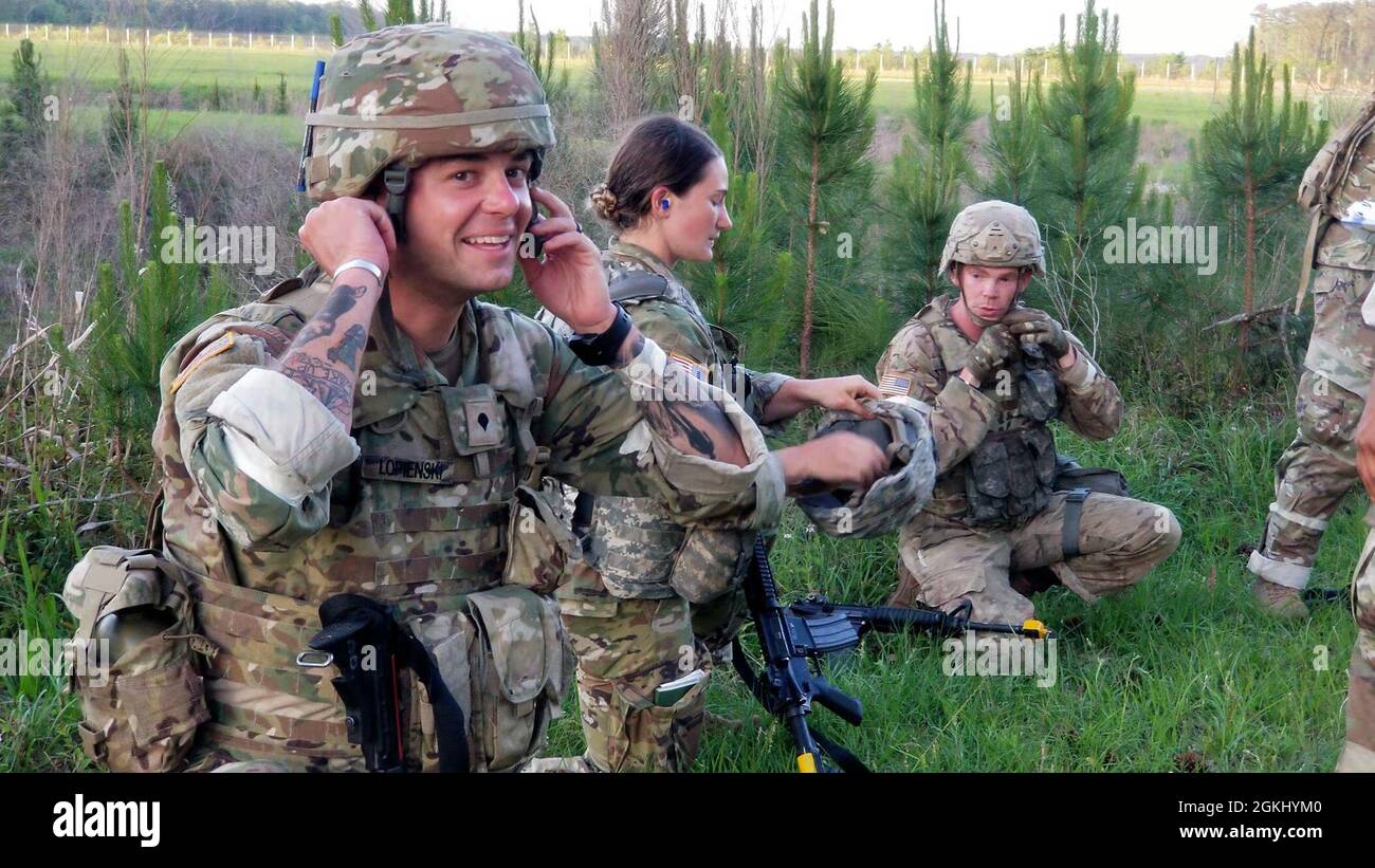 2nd Lt. Molly French, Sgt. 1st Class Ismael Gonzalez, Sgt. Shaun Mohr and Spc. Benjamin Lopienski from Winn ACH participate in the CBRNE portion of the Regional Health Command - Atlantic Best Leader Competition, April 28 on Fort Stewart. Stock Photo