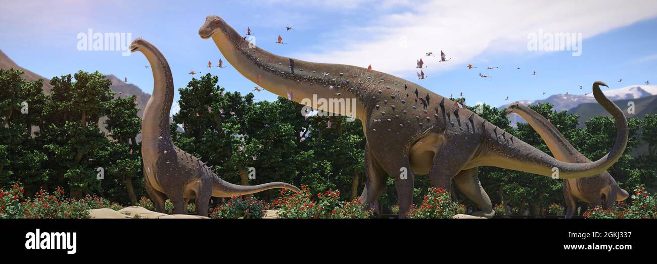 Alamosaurus, group of dinosaurs from the Late Cretaceous period, 3d science render banner Stock Photo