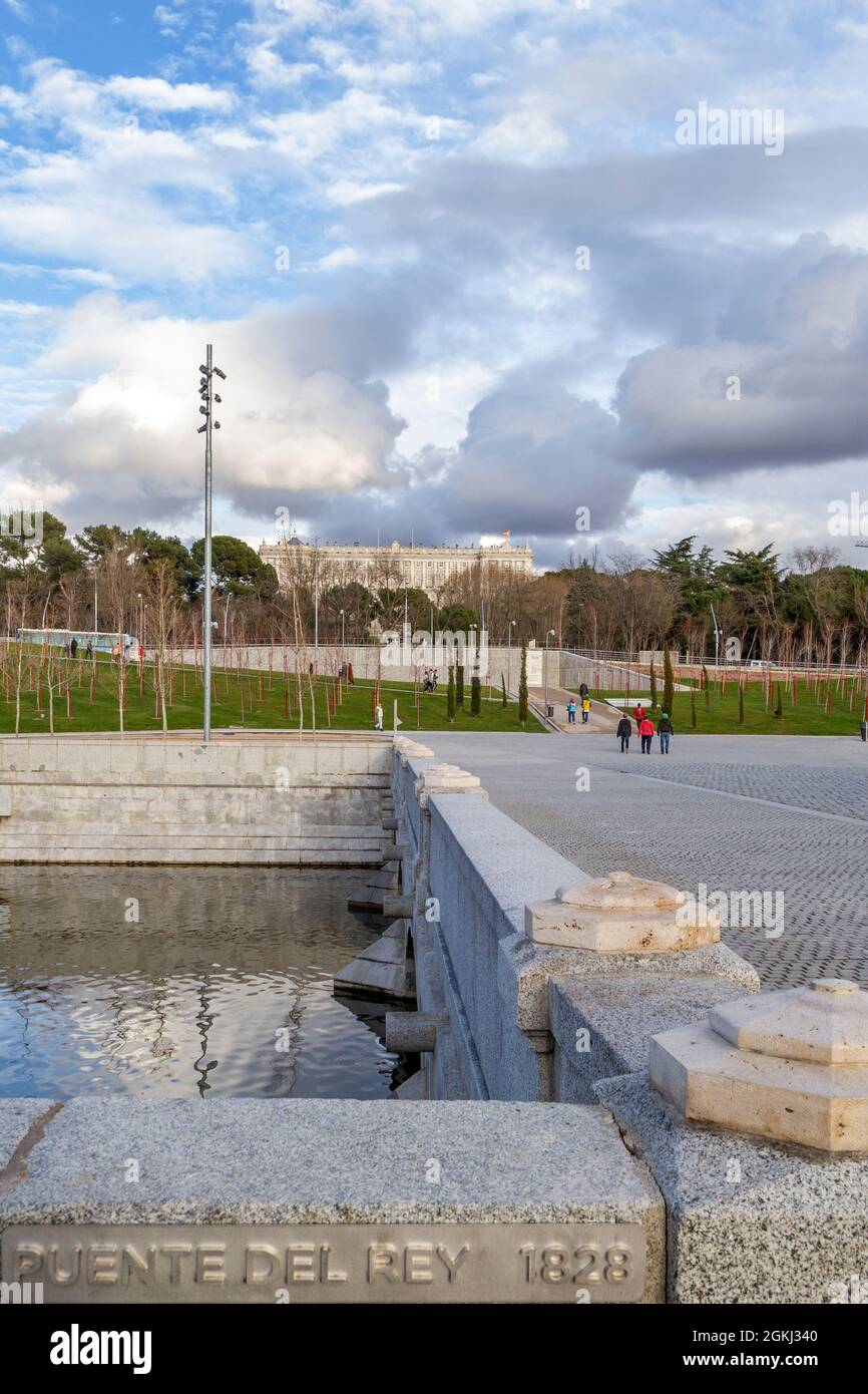 Vertical panoramic view of Puente del Rey in Madrid Rio park with the
