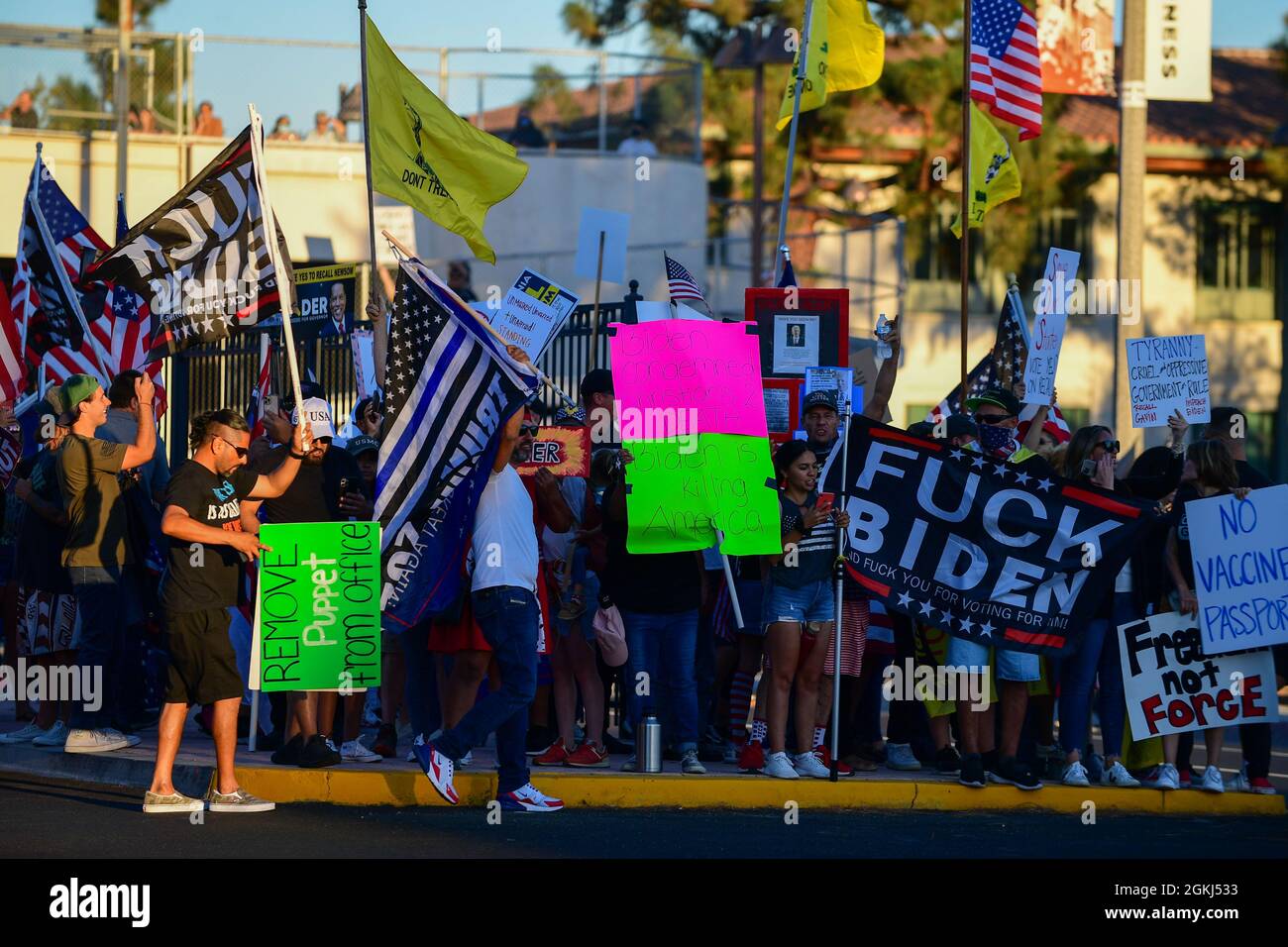 Demonstrators gather near Long Beach City College to protest a Vote No rally for Gavin Newsom, attended by President Joe Biden, Monday, Sept. 13, 2021 Stock Photo