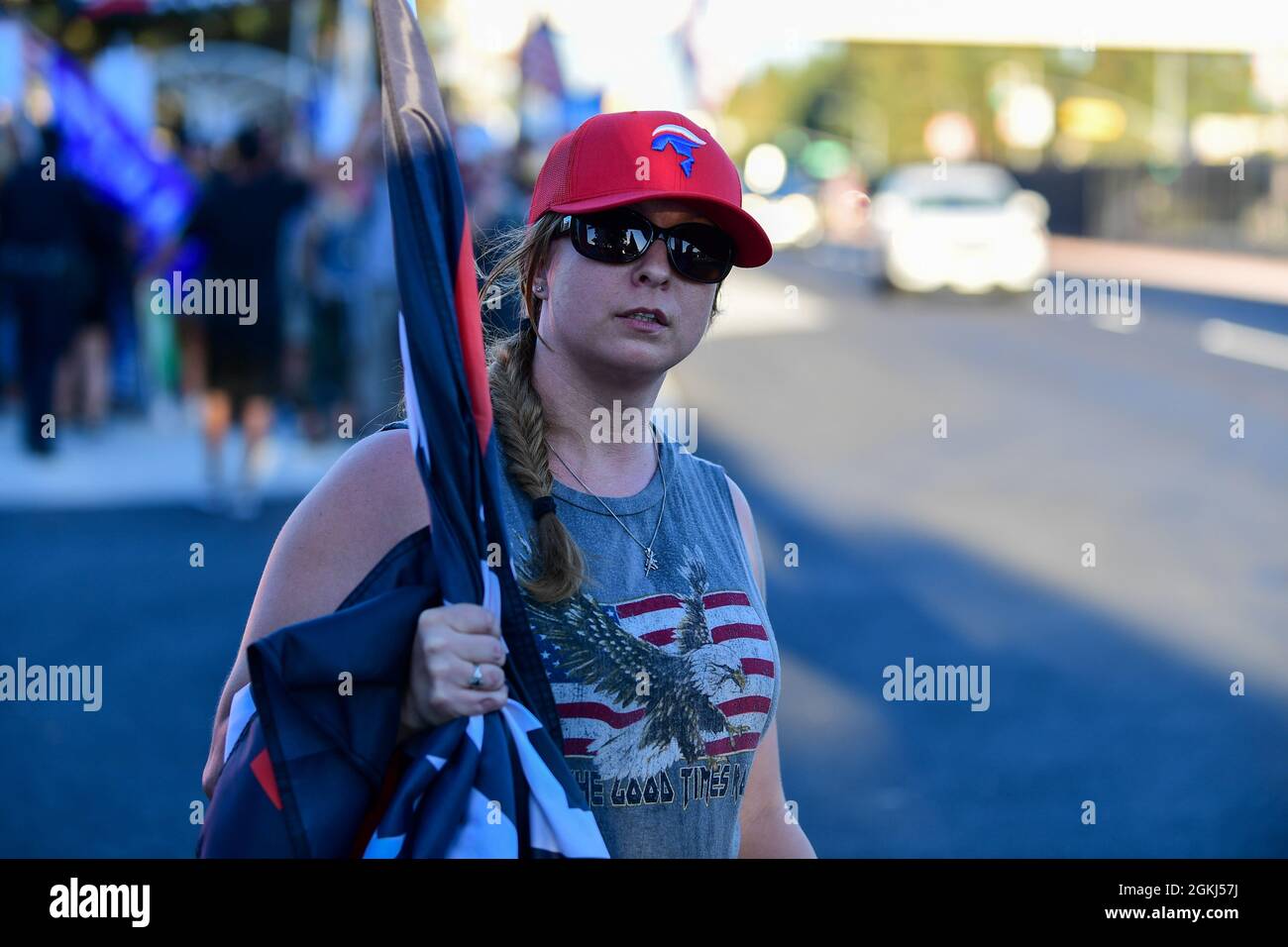 Demonstrators gather near Long Beach City College to protest a Vote No rally for Gavin Newsom, attended by President Joe Biden, Monday, Sept. 13, 2021 Stock Photo