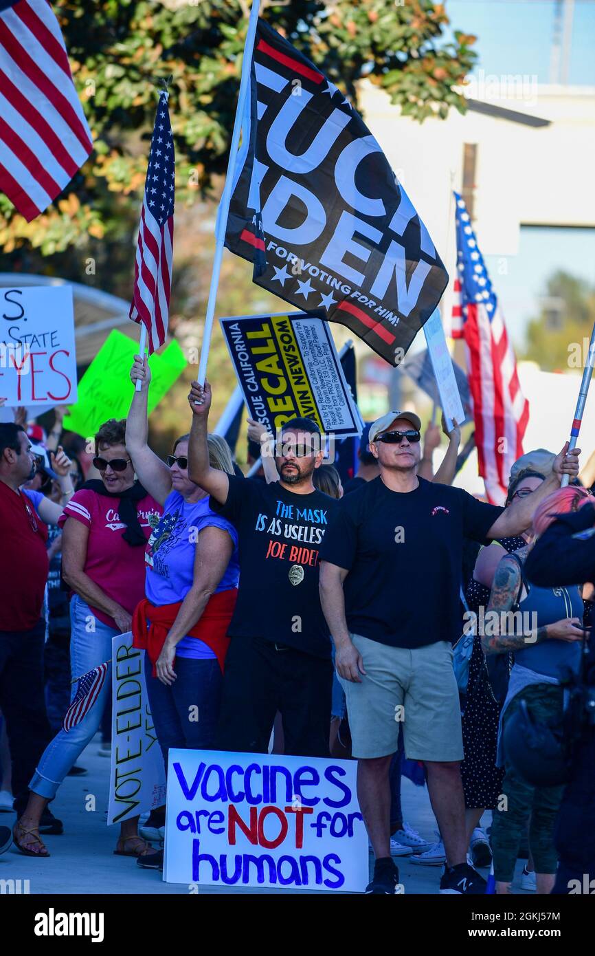 Demonstrators gather near Long Beach City College to protest a Vote No rally for Gavin Newsom, attended by President Joe Biden, Monday, Sept. 13, 2021 Stock Photo