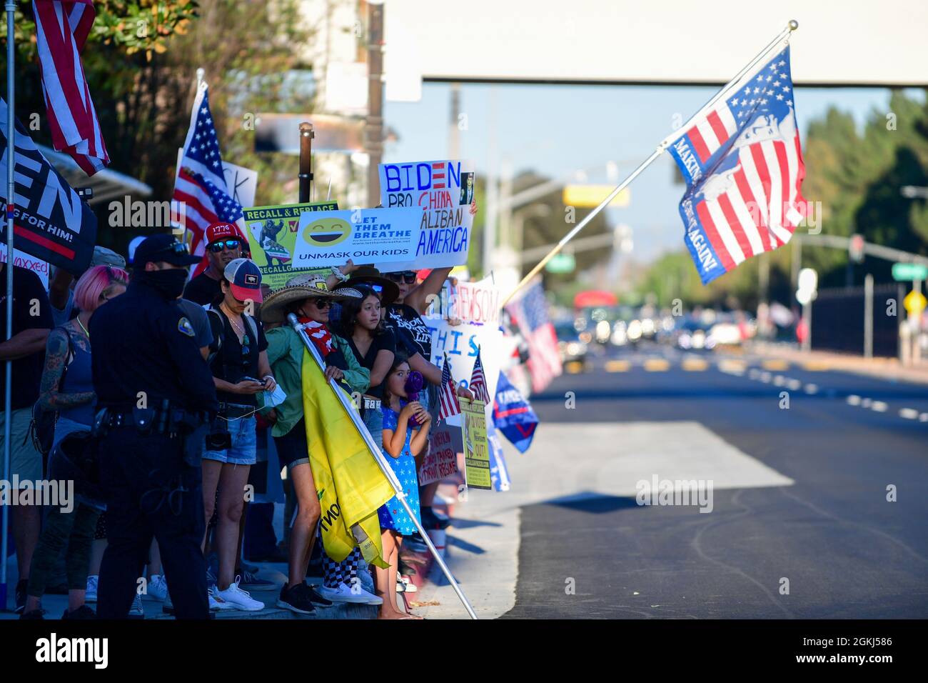 Demonstrators gather near Long Beach City College to protest a Vote No rally for Gavin Newsom, attended by President Joe Biden, Monday, Sept. 13, 2021 Stock Photo