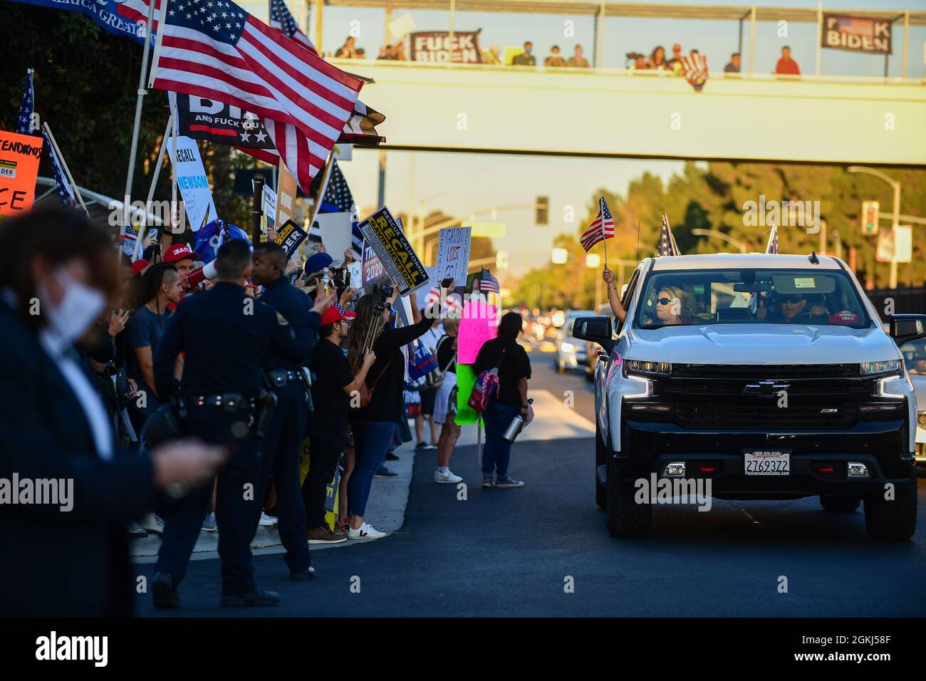 Demonstrators gather near Long Beach City College to protest a Vote No rally for Gavin Newsom, attended by President Joe Biden, Monday, Sept. 13, 2021 Stock Photo