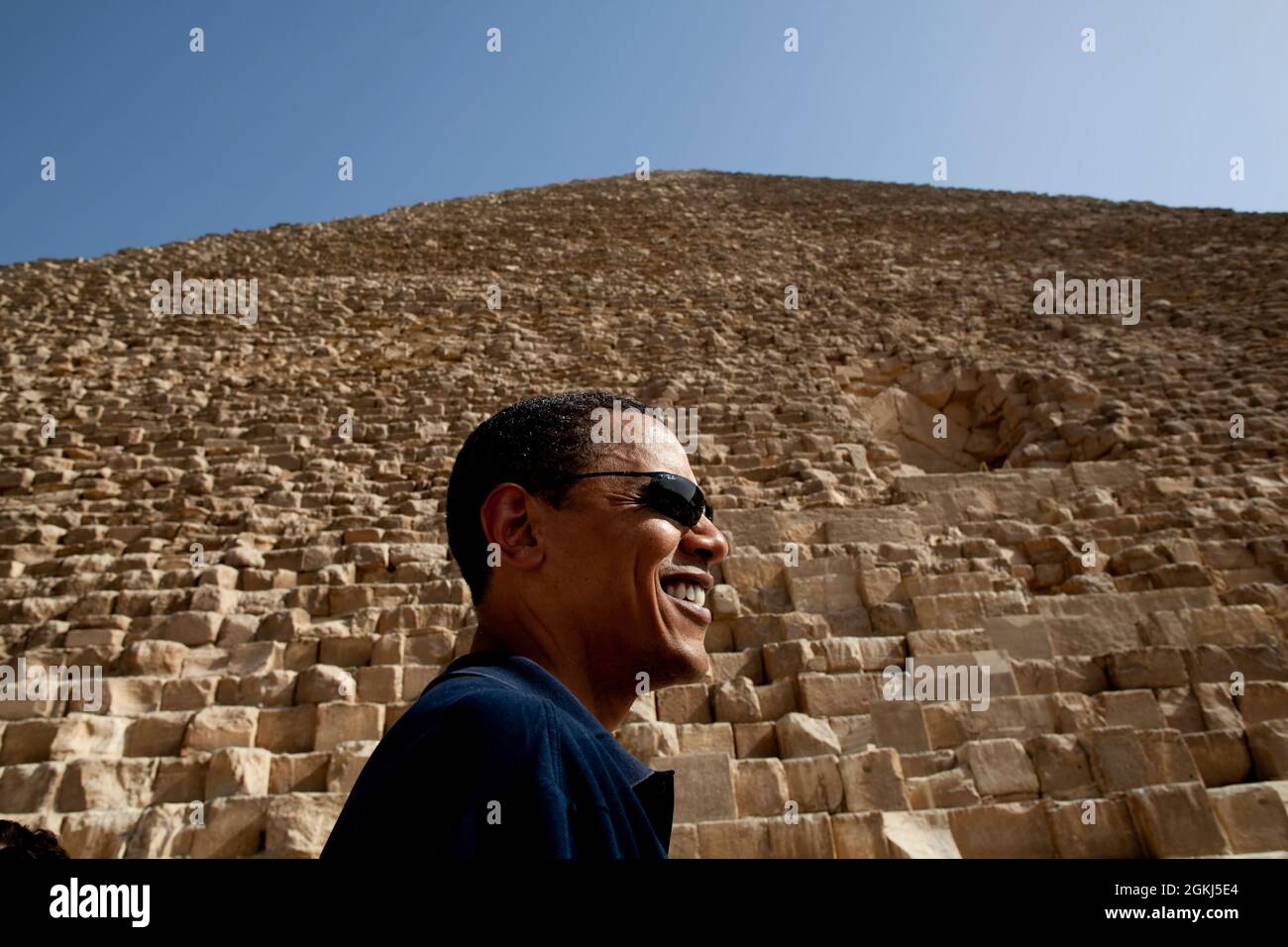 President Barack Obama tours the Pyramids of Giza in Egypt on June 4, 2009. (Official White House photo by Pete Souza) This official White House photograph is being made available for publication by news organizations and/or for personal use printing by the subject(s) of the photograph. The photograph may not be manipulated in any way or used in materials, advertisements, products, or promotions that in any way suggest approval or endorsement of the President, the First Family, or the White House. Stock Photo