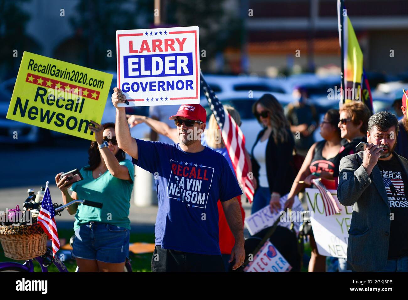 Demonstrators gather near Long Beach City College to protest a Vote No rally for Gavin Newsom, attended by President Joe Biden, Monday, Sept. 13, 2021 Stock Photo