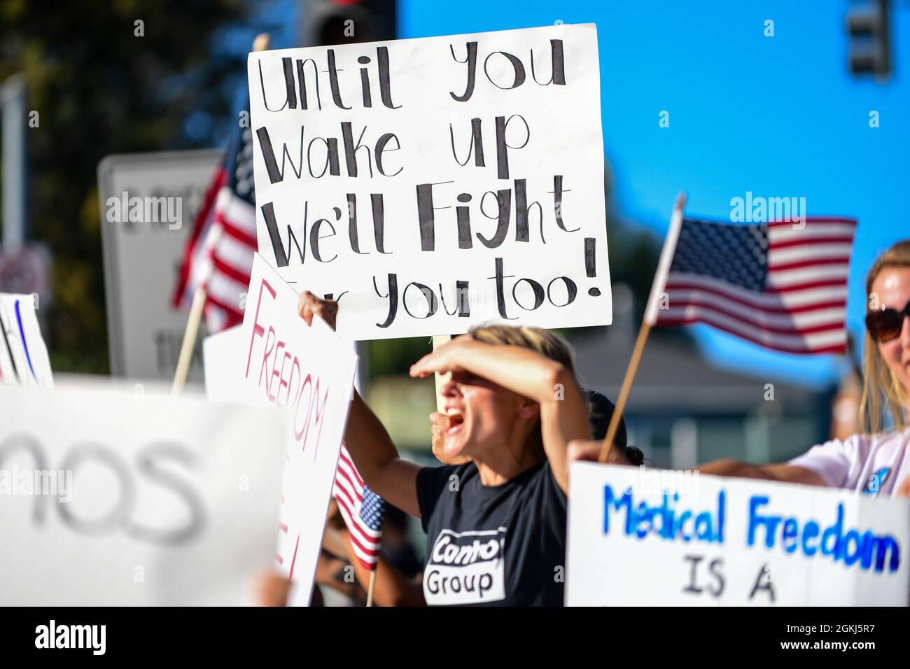 Demonstrators gather near Long Beach City College to protest a Vote No rally for Gavin Newsom, attended by President Joe Biden, Monday, Sept. 13, 2021 Stock Photo