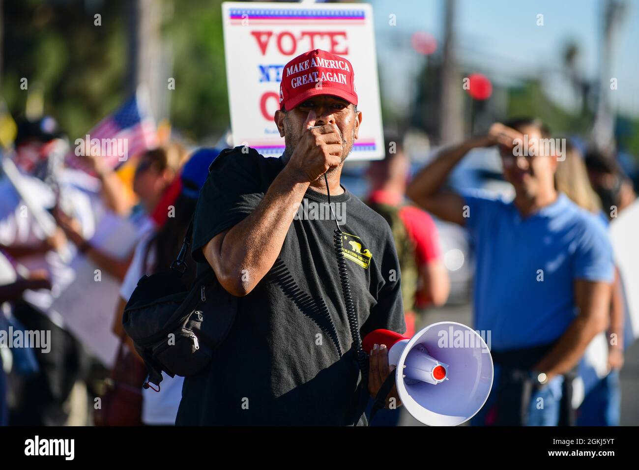 Demonstrators gather near Long Beach City College to protest a Vote No rally for Gavin Newsom, attended by President Joe Biden, Monday, Sept. 13, 2021 Stock Photo