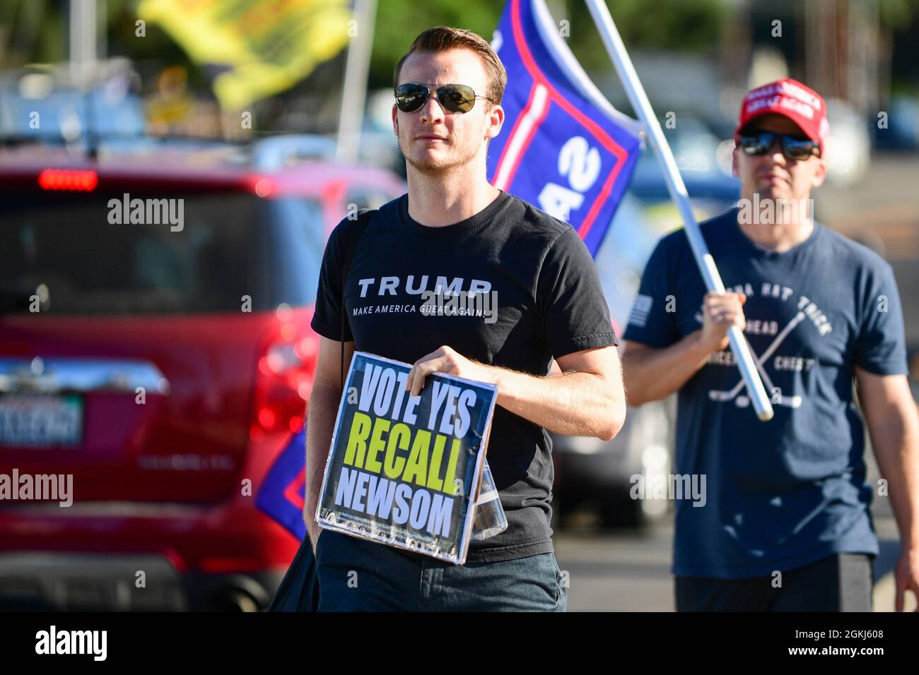 Demonstrators gather near Long Beach City College to protest a Vote No rally for Gavin Newsom, attended by President Joe Biden, Monday, Sept. 13, 2021 Stock Photo