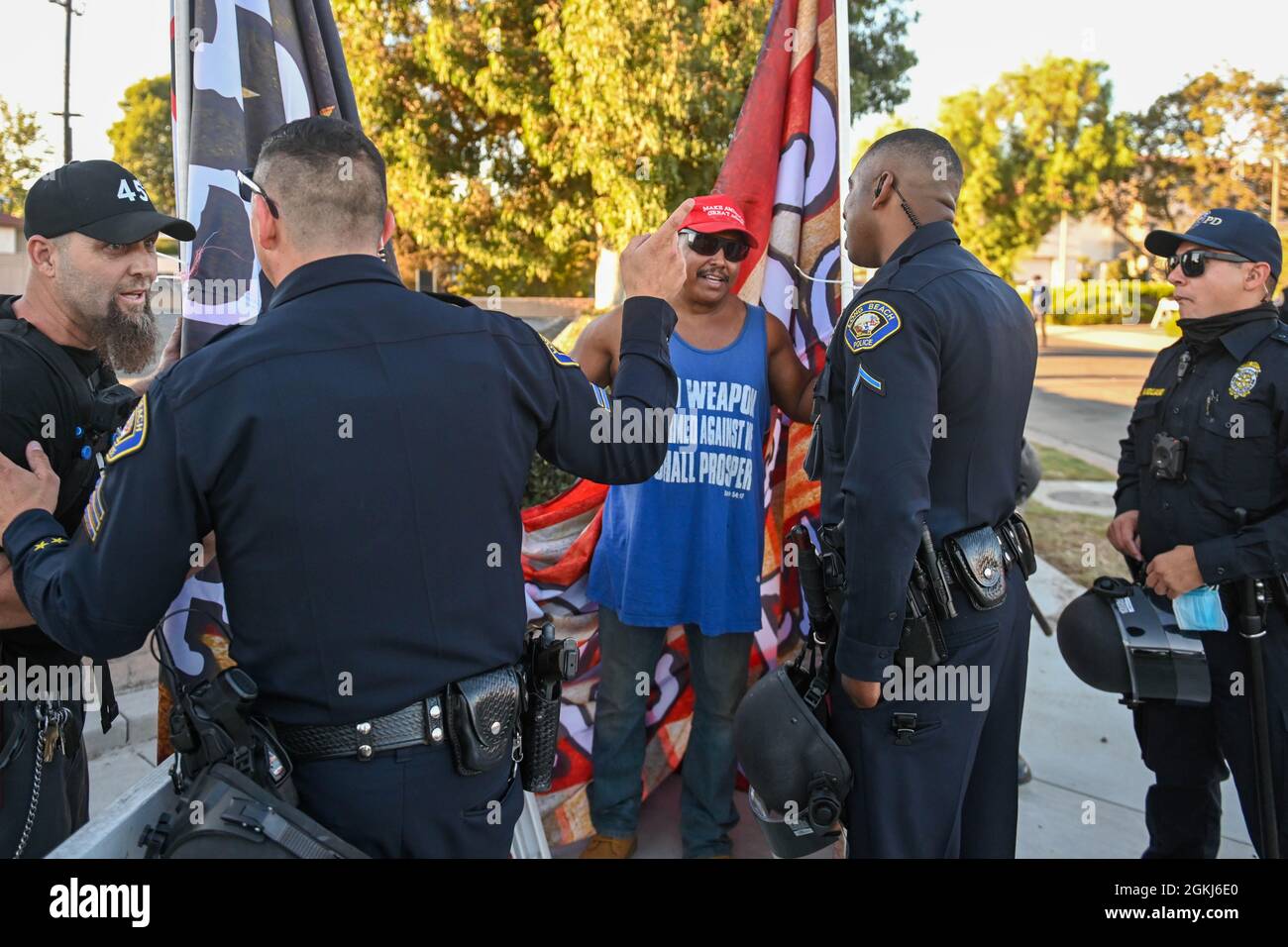 Demonstrators gather near Long Beach City College to protest a Vote No rally for Gavin Newsom, attended by President Joe Biden, Monday, Sept. 13, 2021 Stock Photo