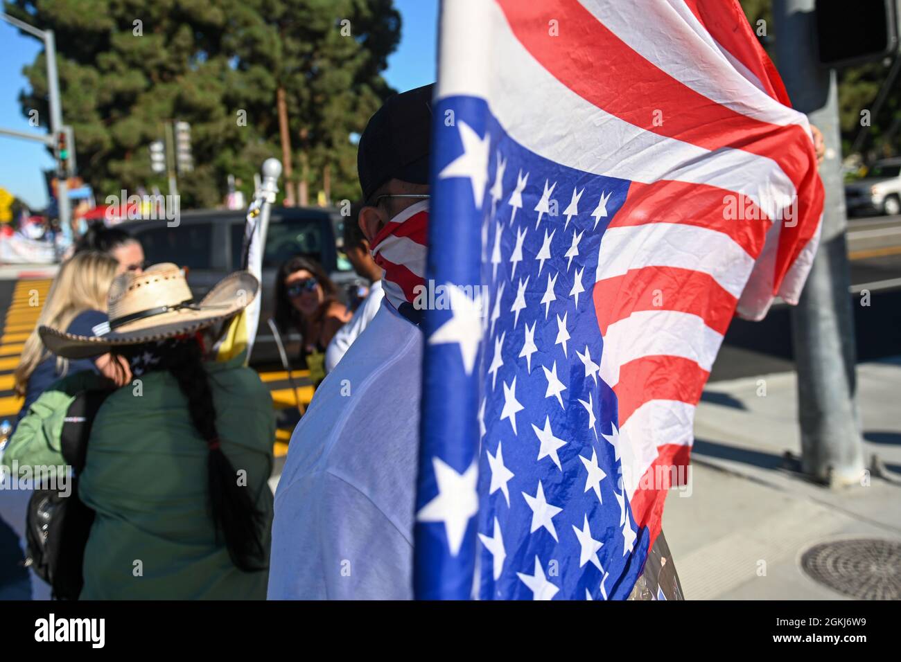 Demonstrators gather near Long Beach City College to protest a Vote No rally for Gavin Newsom, attended by President Joe Biden, Monday, Sept. 13, 2021 Stock Photo