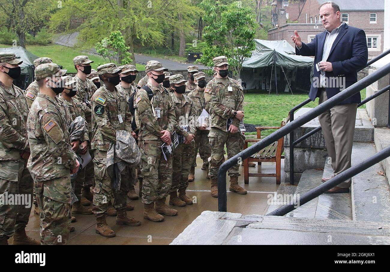 Dr. Peter Kilner, Simon Center for the Professional Military Ethic chair of character development, begins the “Inspiration to Serve” Cemetery Tour with an orientation brief on the steps of the Old Cadet Chapel to Company G-2 cadets April 29 at the West Point Cemetery. Stock Photo