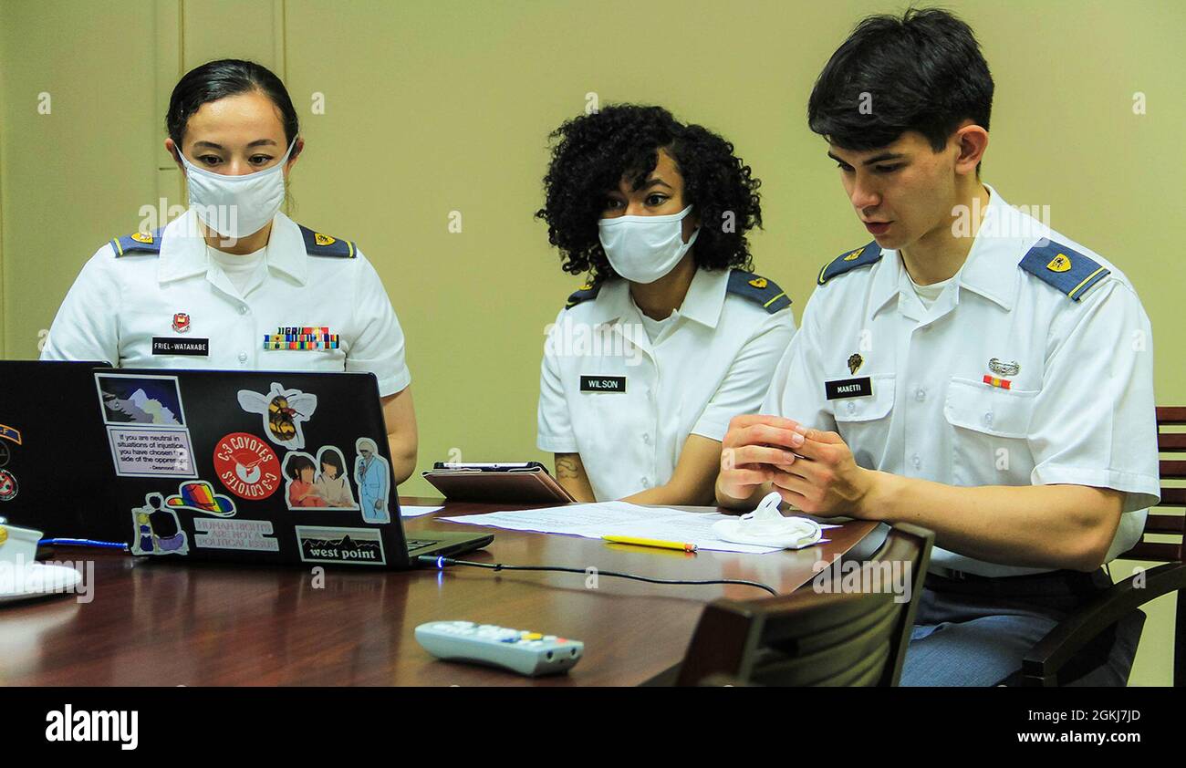(From left to right) Class of 2023 Cadets Alisa Friel-Watanabe, Delorv'A Wilson and Michael Manetti conduct a virtual presentation of their History Capstone project, which consisted of an updated version of the West Point alumni list that highlights minority graduates who have made impactful contributions to the U.S. Military Academy over the course of 19th, 20th and 21st centuries on April 29 at Thayer Hall. Stock Photo