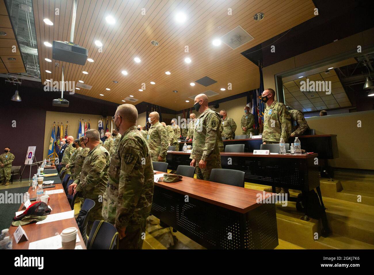 The attendees of the Warrant Officer Working Group Seminar stood together when the room was called to attention upon the arrival of U.S. Army North’s Commanding General, Lt. Gen. Laura J. Richardson, Joint Base San Antonio- Fort Sam Houston, April 29, 2021. U.S. Army North held the Warrant Officer Working Group Seminar to help warrant officers build a better network throughout the U.S. Army. Stock Photo