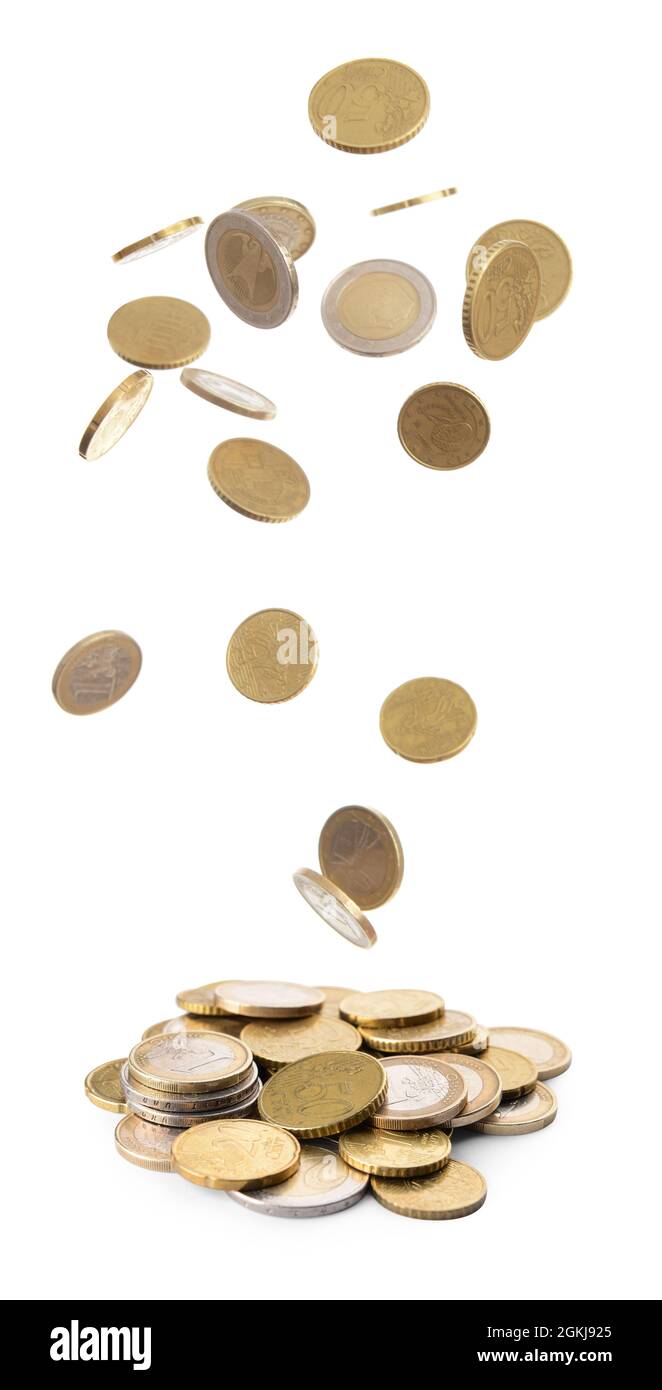 Falling golden coins on white background Stock Photo - Alamy