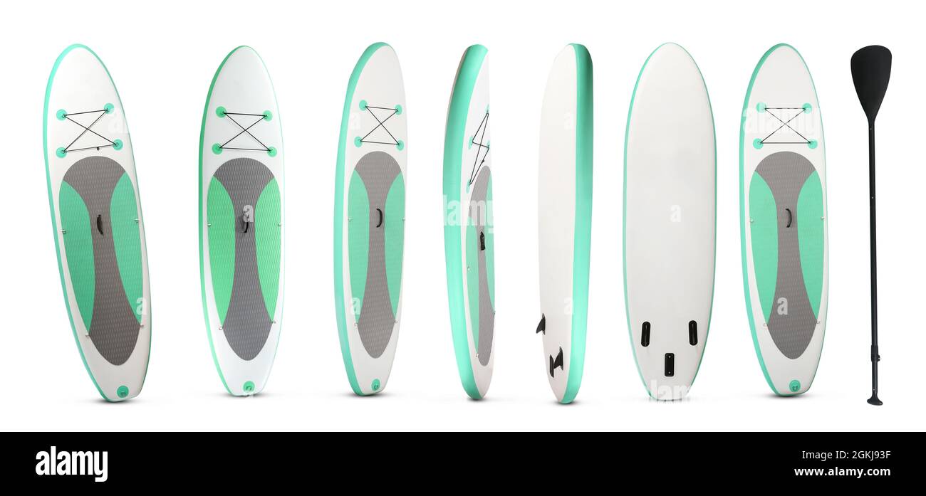 Collage of sup board with paddle on white background Stock Photo