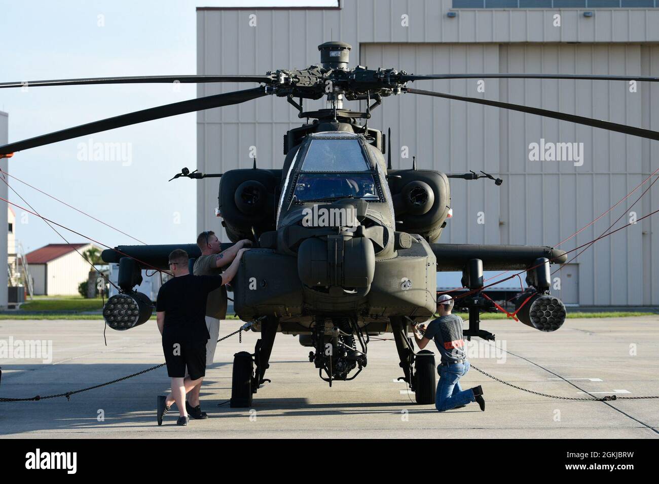 An AH-64D Apache helicopter is parked on the flightline at Patrick Space Force Base, Florida, April 30, 2021. The helicopter, which is assigned to the 1-151st Attack Reconnaissance Battalion at McEntire Joint National Guard Base, South Carolina, supported a joint training exercise between the U.S. Army and the Air Force Reserve’s 920th Rescue Wing. Stock Photo