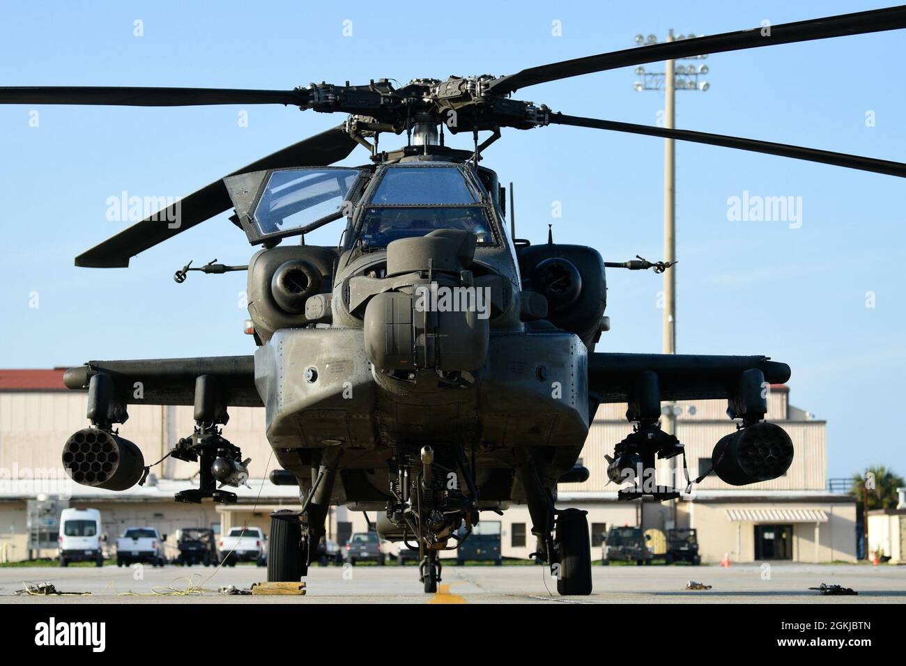 An AH-64D Apache helicopter is parked on the flightline at Patrick Space Force Base, Florida, April 30, 2021. The helicopter, which is assigned to the 1-151st Attack Reconnaissance Battalion at McEntire Joint National Guard Base, South Carolina, supported a joint training exercise between the U.S. Army and the Air Force Reserve’s 920th Rescue Wing. Stock Photo