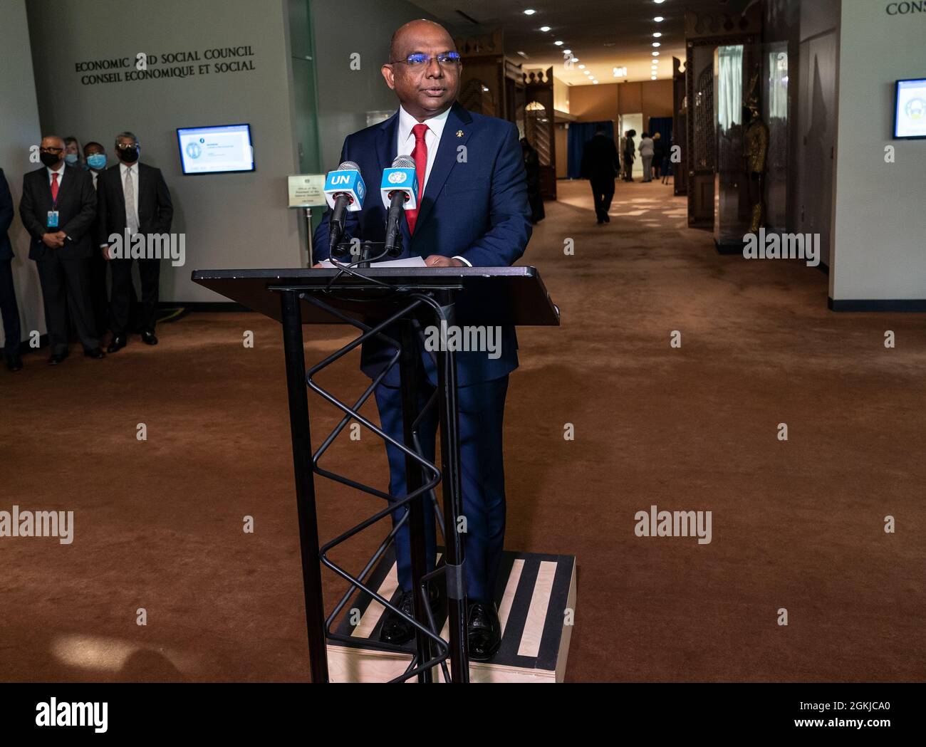 New York, USA. 14th Sep, 2021. Abdulla Shahid conducts press conference after elected as President of 76th General Assembly at UN Headquarters in New York on September 14, 2021. Abdulla Shahid is currently Minister of Foreign Affairs for the Maldives and was elected as President of 76th session of General Assembly on September 14, 2021. (Photo by Lev Radin/Sipa USA) Credit: Sipa USA/Alamy Live News Stock Photo