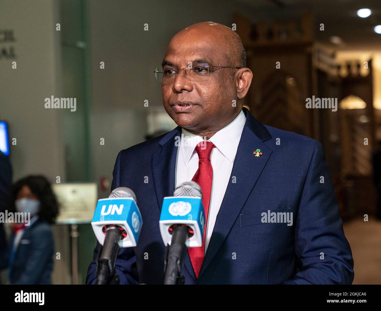 New York, USA. 14th Sep, 2021. Abdulla Shahid conducts press conference after elected as President of 76th General Assembly at UN Headquarters in New York on September 14, 2021. Abdulla Shahid is currently Minister of Foreign Affairs for the Maldives and was elected as President of 76th session of General Assembly on September 14, 2021. (Photo by Lev Radin/Sipa USA) Credit: Sipa USA/Alamy Live News Stock Photo