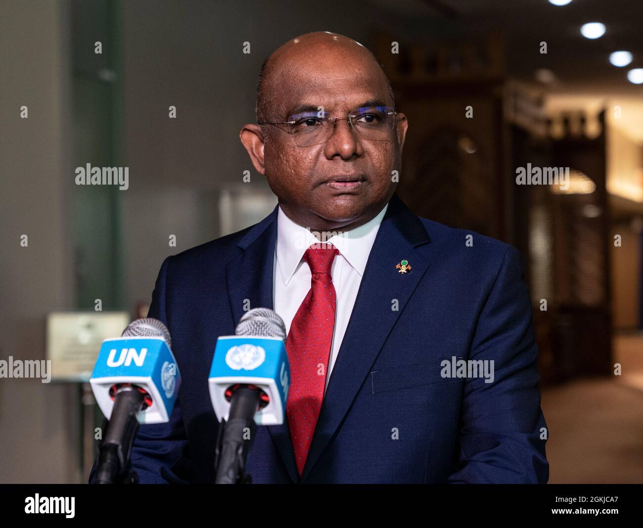 New York, USA. 14th Sep, 2021. Abdulla Shahid conducts press conference after elected as President of 76th General Assembly at UN Headquarters in New York on September 14, 2021. Abdulla Shahid is currently Minister of Foreign Affairs for the Maldives and was elected as President of 76th session of General Assembly on September 14, 2021. (Photo by Lev Radin/Sipa USA) Credit: Sipa USA/Alamy Live News Stock Photo