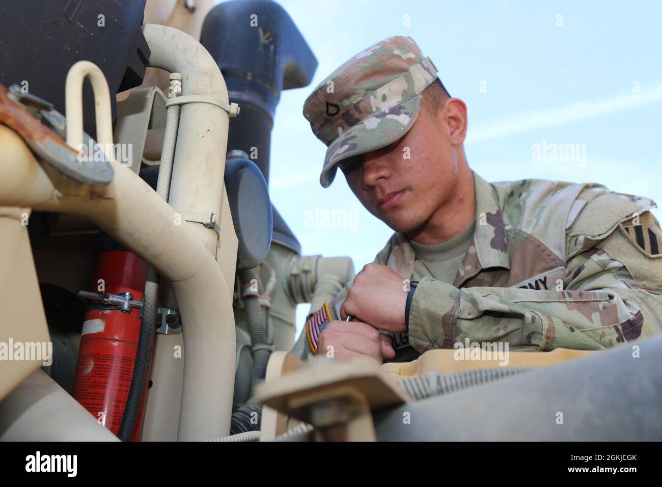 U.S. Army Pfc. Rafael Holgad, a wheeled vehicle mechanic, was born in Santo Tomas, Batangas in the Philippines and moved to Fayetteville, North Carolina in April 2019. Holgad joined the Army and went to basic training at Fort Jackson in October 2019. Holgado has two uncles who retired from the Army, as well as three cousins who currently serve; one in the Air Force and two in the Army. He currently serves with 3rd Infantry Division Artillery. “I love the Army. It has always been my dream.” Holgado hopes to retire from the Army as a sergeant major. Stock Photo