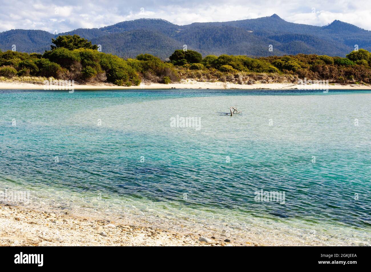 Henderson Lagoon with its almost transparent waters is a major bird sanctuary - Falmouth, Tasmania, Australia Stock Photo