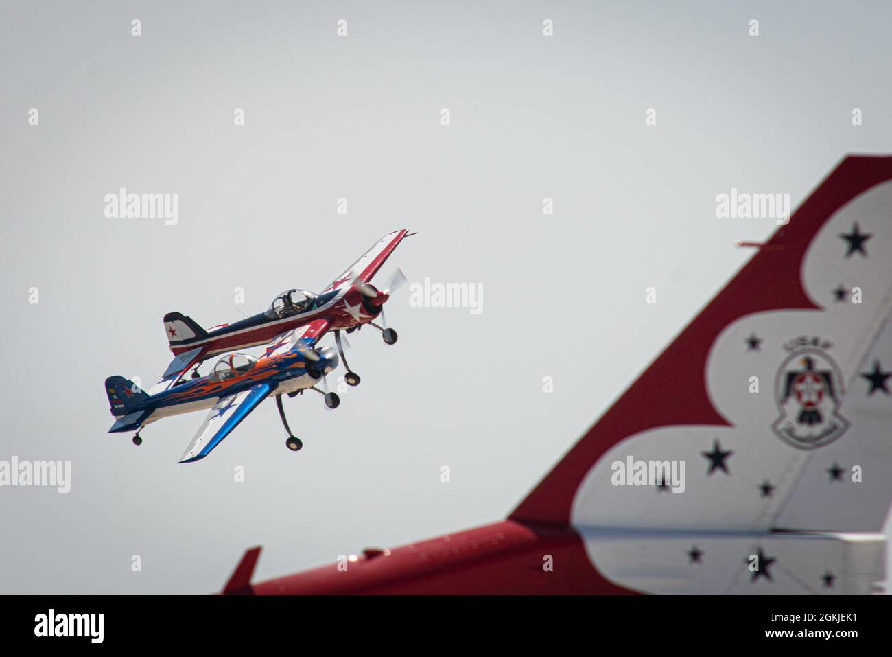 The YAK-110 aircraft piloted by Jeff Boerboon flies above an airstrip during the Speed of Sound Airshow at Rosecrans Memorial Airport in St. Joseph, Missouri, May 1, 2021. The Yak-110 is two Yak-55 aircraft connected together with a J-85 jet engine welded to the bottom. The air show was hosted by the 139th Airlift Wing, and city of St. Joseph to thank the community for their support. The air show committee estimated around 30,000 people attended during the weekend performances in which the United States Air Force Thunderbirds Air Demonstration Squadron were featured. Stock Photo