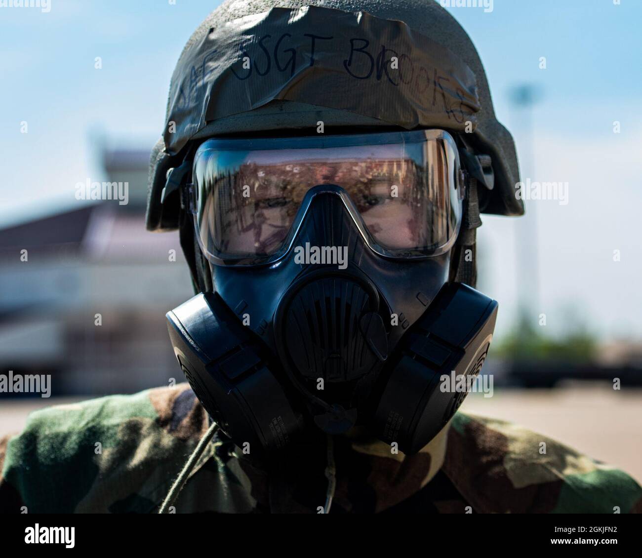Pennsylvania Air National Guardsman, Staff Sgt. Kyle Brooks, assigned to the 171st Air Refueling Wing, poses for an image during an ability to survive and operate exercise, May 2, 2021. The wing conducted an ATSO exercise to train guardsmen how to perform normal duty tasks in a potentially hazardous environment. (Pennsylvania A Stock Photo