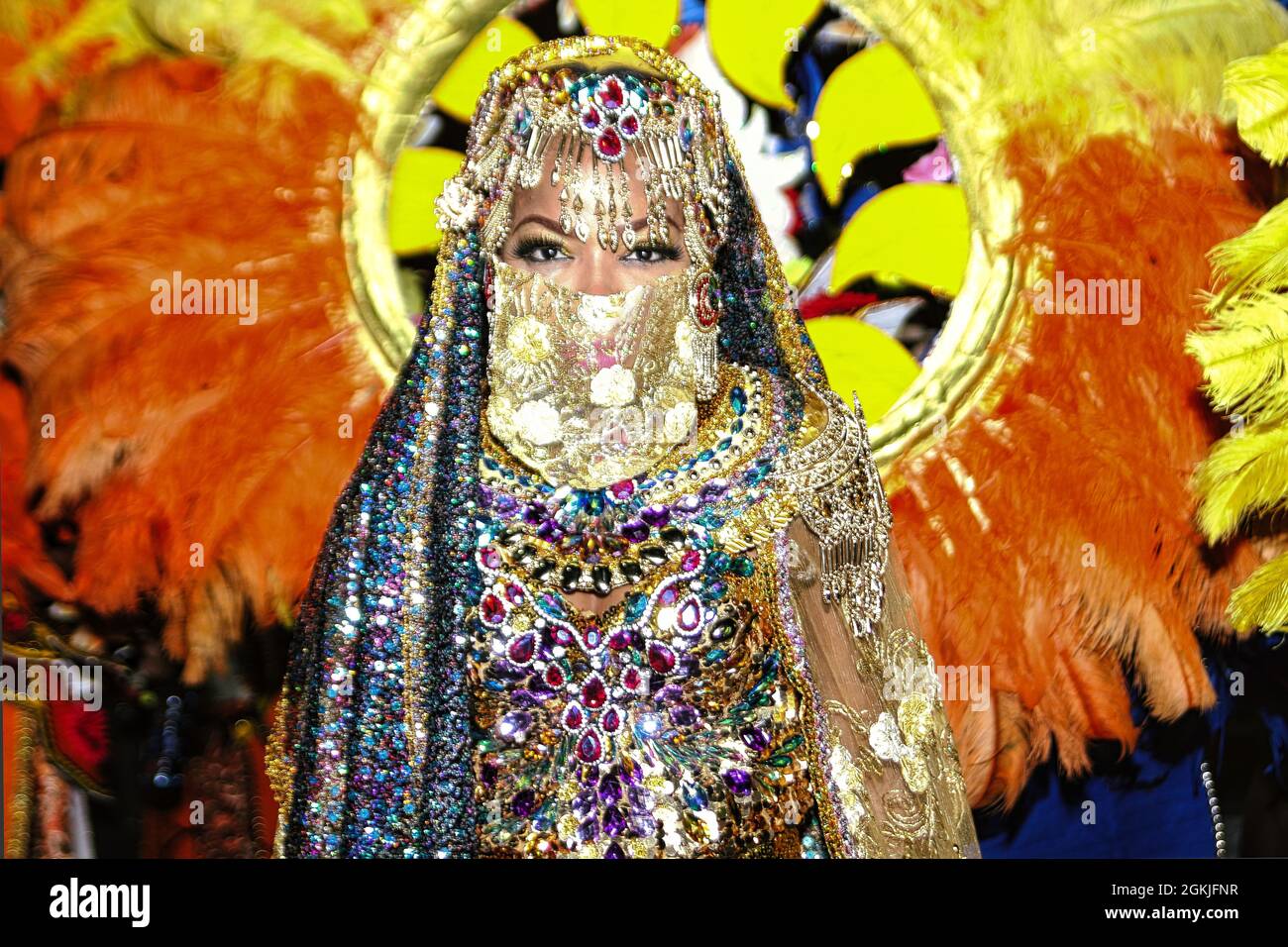 Beautiful Woman dressed in costume for Junkanoo celebration in The Bahamas Stock Photo