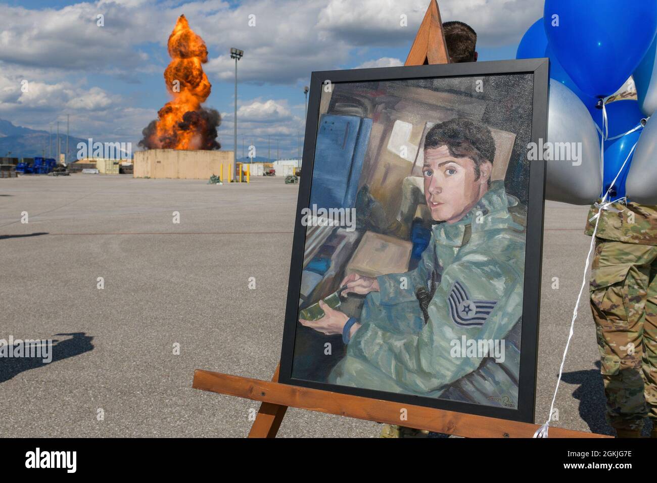 The 31st Civil Engineer Squadron (CES) explosive ordnance disposal (EOD) team conducted an explosion demonstration to celebrate the birthday of Tech. Sgt. Adam Ginett, 31st CES EOD technician, at Aviano Air Base, Italy, May 3, 2021. Ginett lost his life in January 2010 due to wounds from an improvised explosive device while conducting operations near Kandahar Air Base, Afghanistan. In 2019, the 31st Fighter Wing Airman Leadership School was named after him in remembrance. Stock Photo