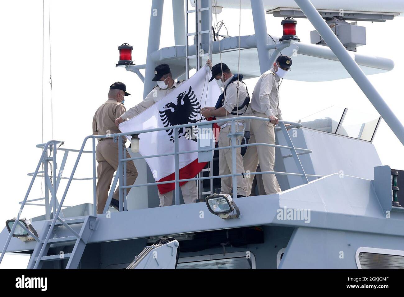 Albanian Coast Guardsmen aboard the Lissus, an Albanian Iliria-class