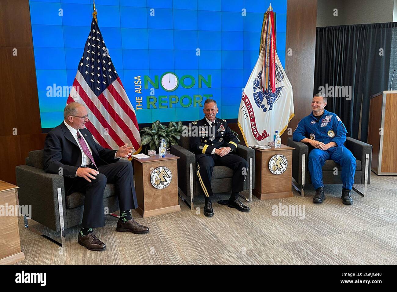 Retired Gen. Robert B. Brown, left, Association of the U.S. Army executive vice president, speaks with Lt. Gen. Daniel L. Karbler, commanding general, U.S. Army Space and Missile Defense Command, and Col. Andrew R. “Drew” Morgan, U.S. Army NASA Astronaut Detachment commander, at AUSA Noon Report, May 4, to discuss how Army space contributes to a multi-domain operations force. Stock Photo