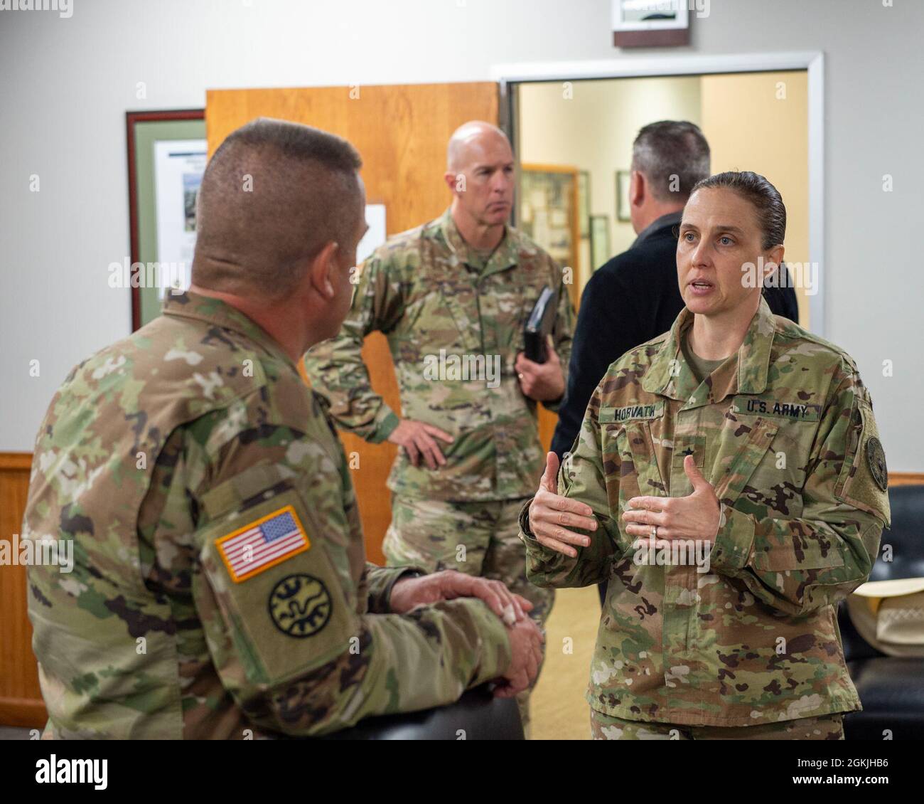 Brig. Gen. Stefanie K. Horvath, mobilization assistant to the director of operations, J-3, United States Cyber Command, Forth Meade, Maryland, meets with Brig. Gen. Farin D. Schwartz, assistant adjutant general–Army, Idaho Army National Guard, May 4, 2021, Gowen Field, Boise, Idaho. Horvath met with leadership at Gowen Field, Mountain Home Air Force Base, and Idaho National Laboratory during a trip to Idaho to prepare for future joint efforts with United States Cyber Command. Stock Photo