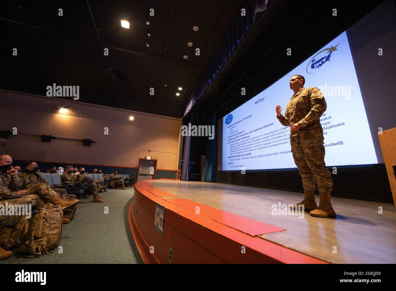 U.S. Army Capt. Andy Auerbach briefs Marines about Arctic Care 2021 in Kodiak, Alaska, on May 4, 2021. Arctic Care 2021 is a joint-service training mission led by the United States Air Force and supported by members of the Air National Guard, Marines, Marine Reserves, Navy, Navy Reserves, National Guard, and Army Reserves. This exercise allows service members to train and increase deployment readiness well providing cost-free care to Kodiak residents. Stock Photo