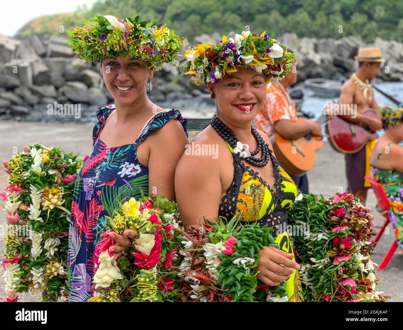 Shore Greeting, Polynesian Woman, with lei, Omao, Fatu Hiva, Marquesas, French Polynesia, South Pacific Stock Photo