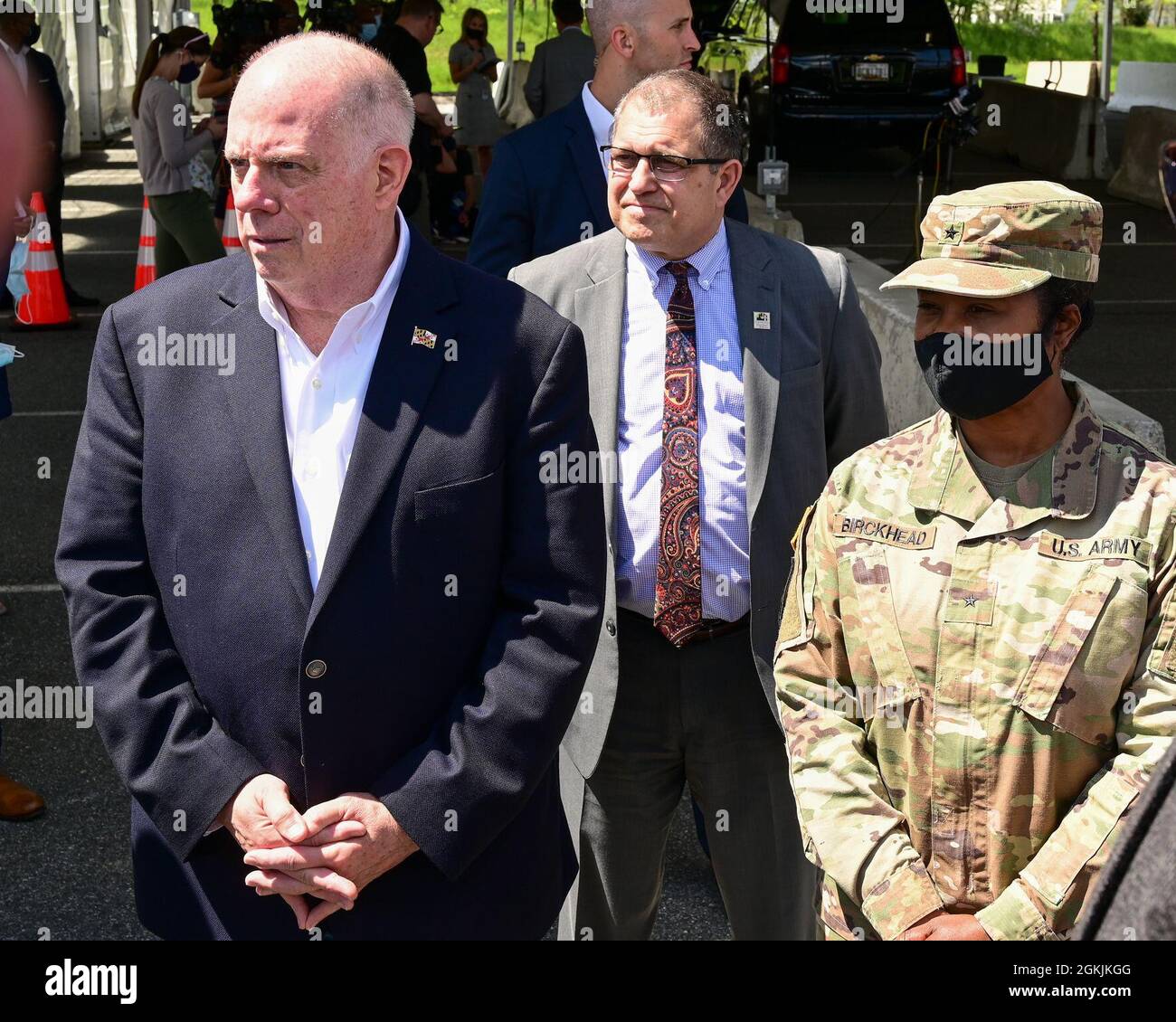 Maryland Governor Larry Hogan and U.S. Army Brig. Gen. Janeen Birckhead, commander of the Maryland Army National Guard tour the Ripken Stadium vaccination site on May 5, 2021, in Aberdeen, Maryland. Birckhead leads the Vaccine Equity Task Force, an initiative to promote equitable access to the COVID-19 vaccine throughout Maryland. Stock Photo