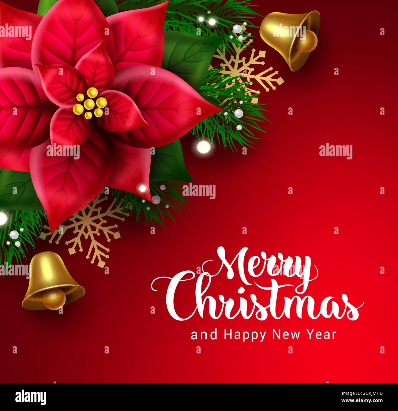 Merry christmas vector design. Merry christmas text with poinsettia