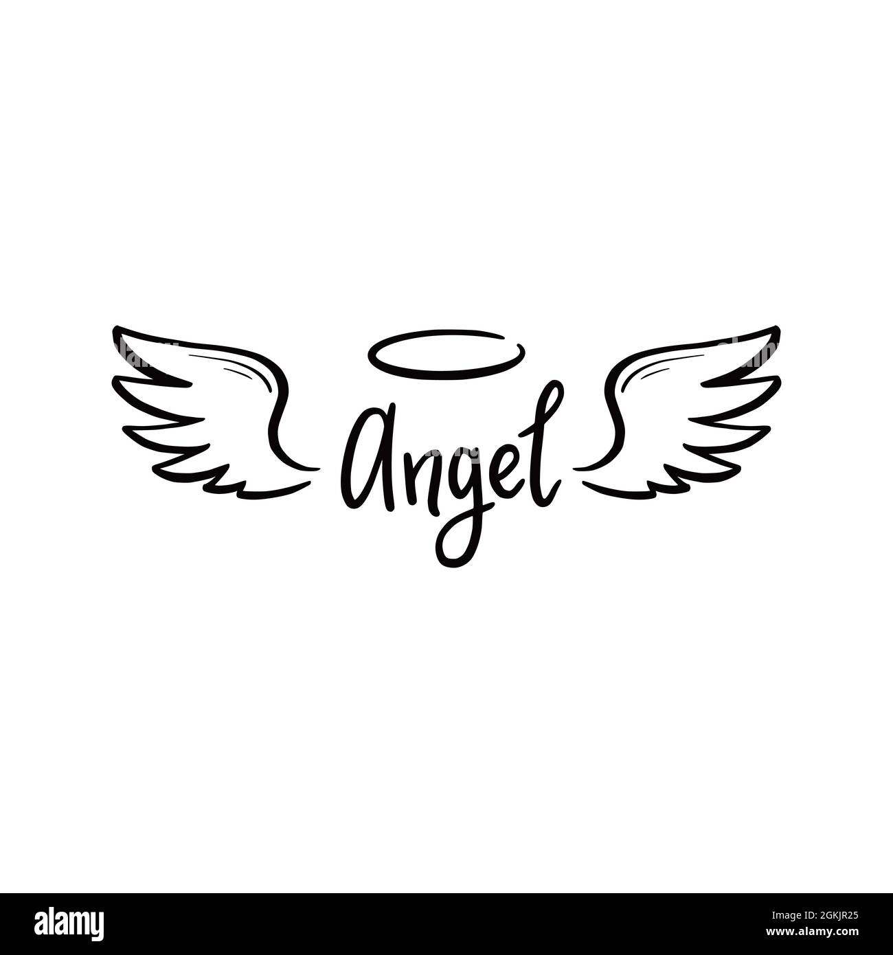 Angel wing with halo and angel lettering text. Hand drawn line sketch ...