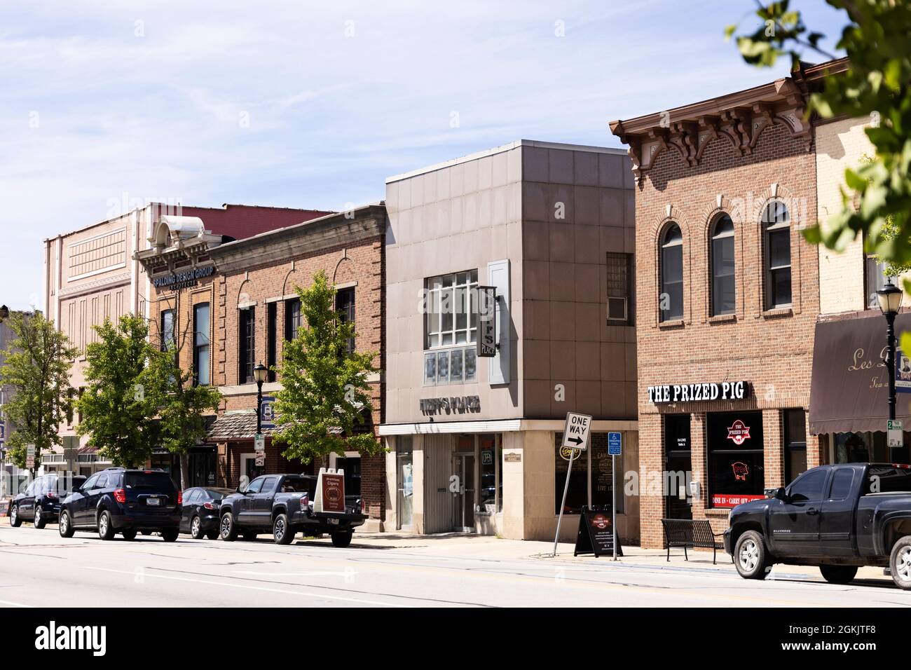 Shops and restaurants on Lincolnway East in downtown Mishawaka, Indiana