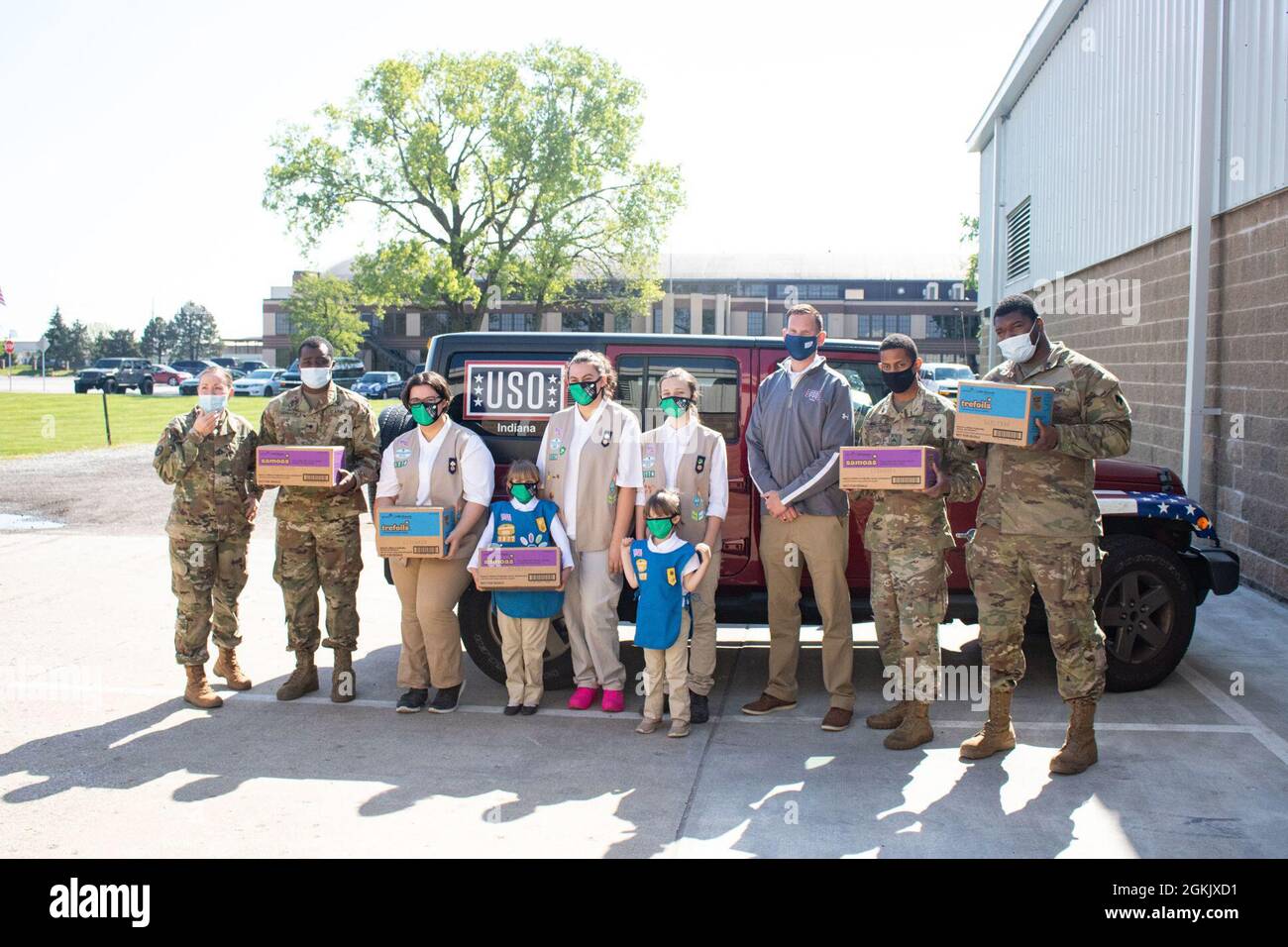 On Friday, May 7th, the Girl Scouts of America donated 48,000 packages of cookies to the Indiana National Guard at Stout Field in Indianapolis, IN.     Brig. Gen. Winslow was there to receive the pallets of cookies from uniformed Girl Scouts and Danielle Shockey, chief executive officer of Girl Scouts of Central Indiana. Stock Photo