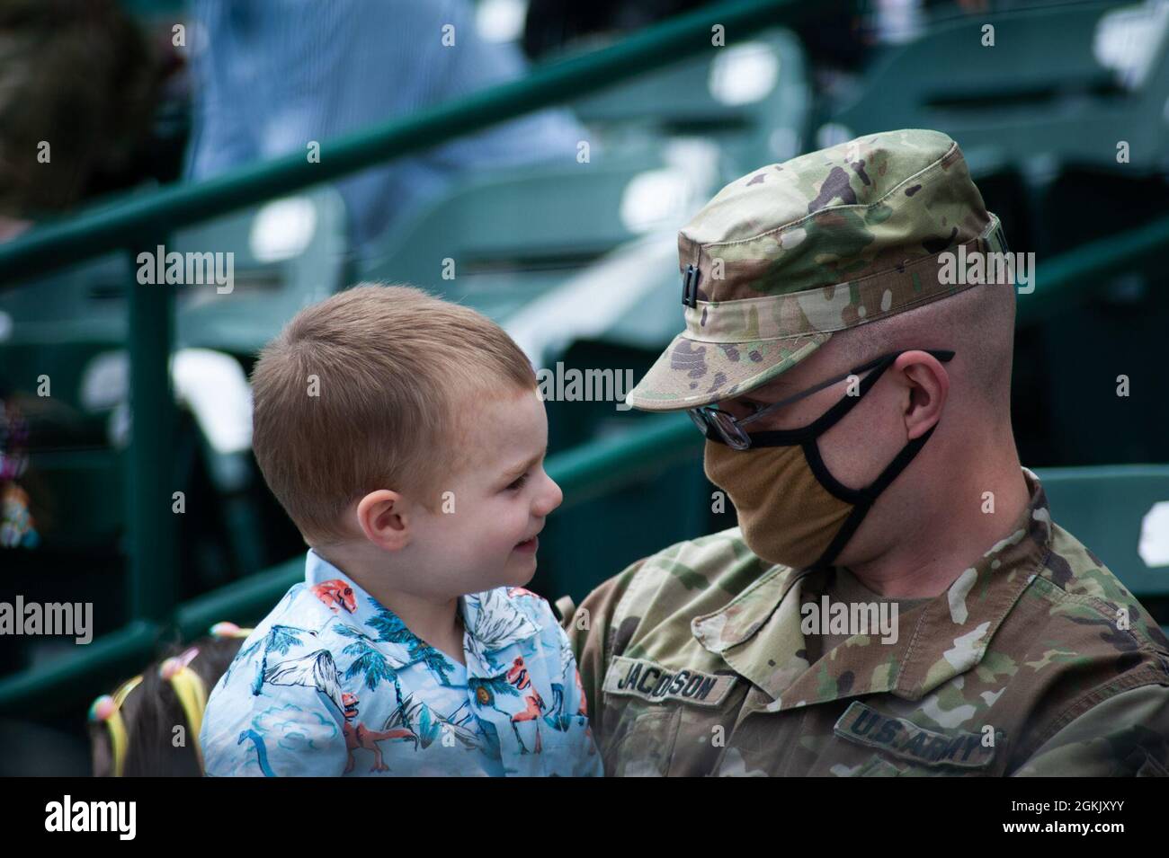 Nebraska National Guard Soldiers, families and distinguished guests gathered Saturday, May 8, 2021, at Haymarket Park in Lincoln, Nebraska for departure ceremony for nearly 200 Soldiers of the 67th Maneuver Enhancement Brigade headquarters deploying to the U.S. Africa Command area of responsibility. The 67th Brigade headquarters will support Combined Joint Task Force — Horn of Africa to conduct operations in the region that enchance partner nation capacity, promote regional security, dissuade conflict, and protect U.S. and coalition interests. Stock Photo