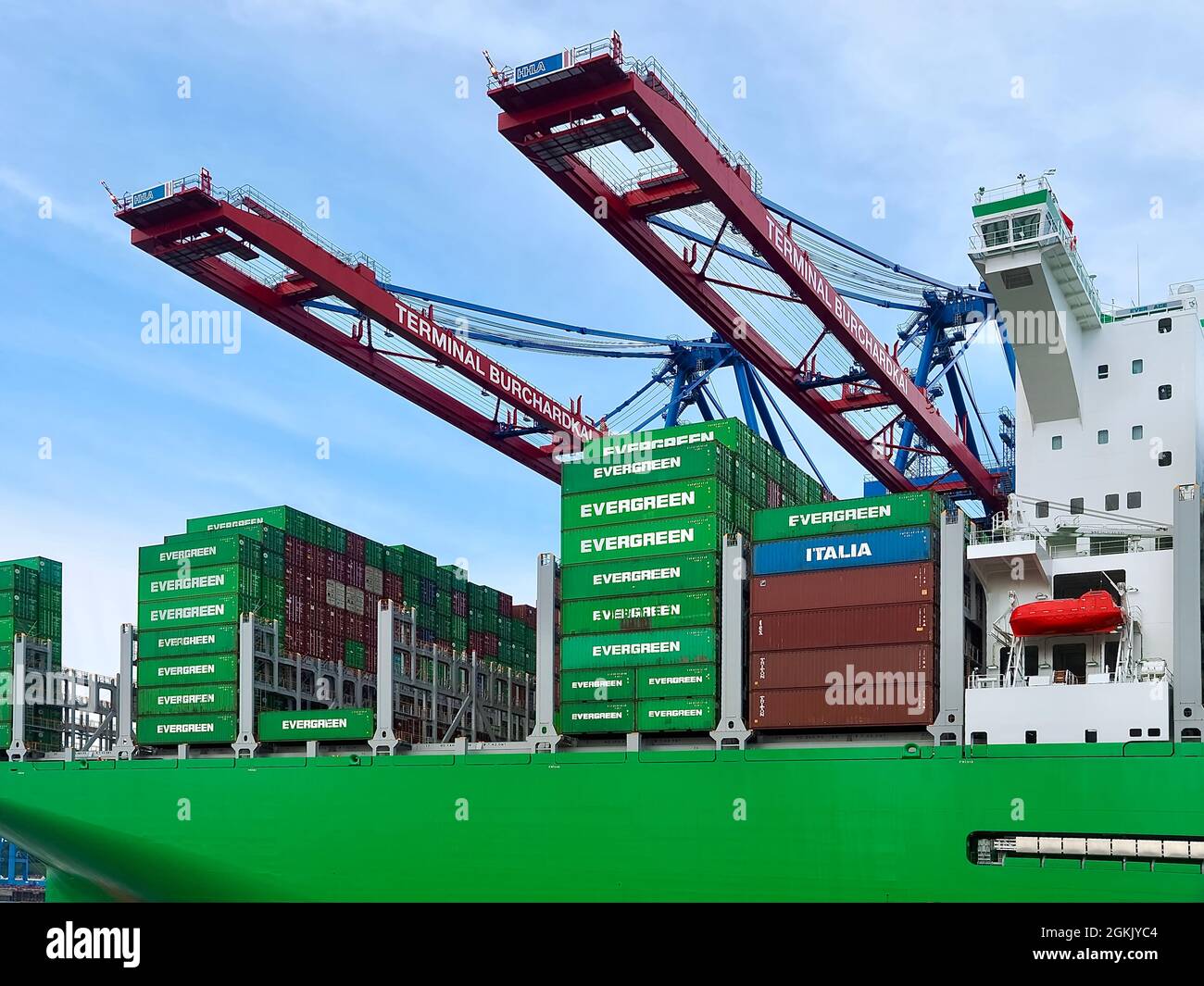 Evergreen the biggest container ship of the world in the harbor of