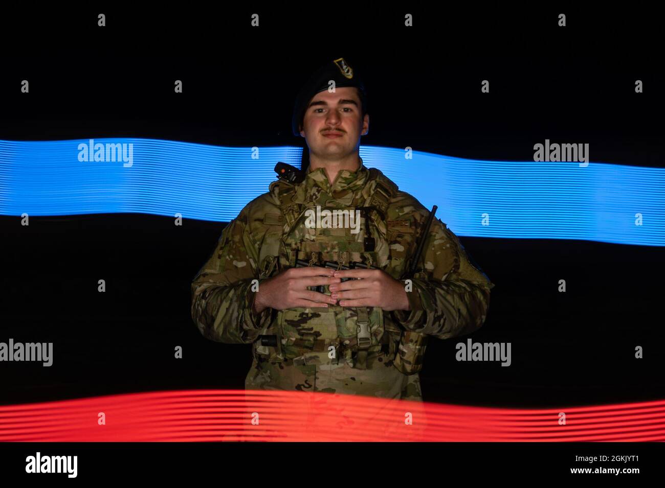 U.S. Air Force Airman First Class Jackson Snyder, 633rd Security Forces Squadron installation entry control officer, poses for a photo at Joint Base Langley-Eustis, Virginia, May 9, 2021. Stock Photo