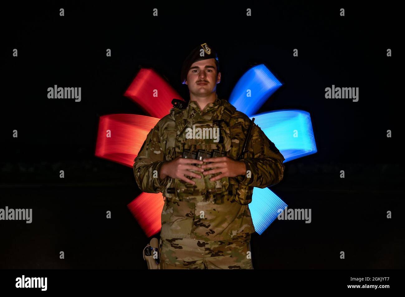 U.S. Air Force Airman First Class Jackson Snyder, 633rd Security Forces Squadron installation entry control officer, poses for a photo at Joint Base Langley-Eustis, Virginia, May 9, 2021. Stock Photo