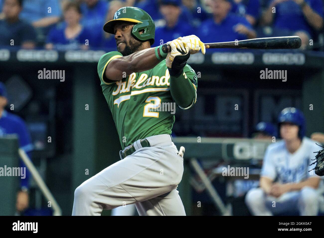 The Oakland Athletics' Starling Marte takes a lead off second base