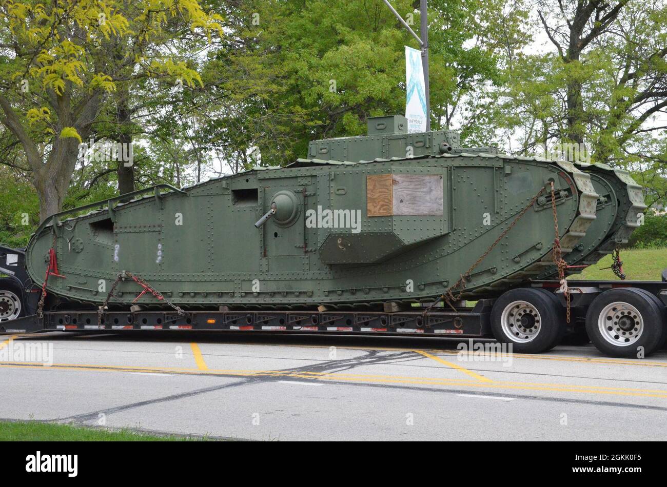 The historic Liberty Mark VIII tank arrives at the Rock Island Arsenal Joint Manufacturing and