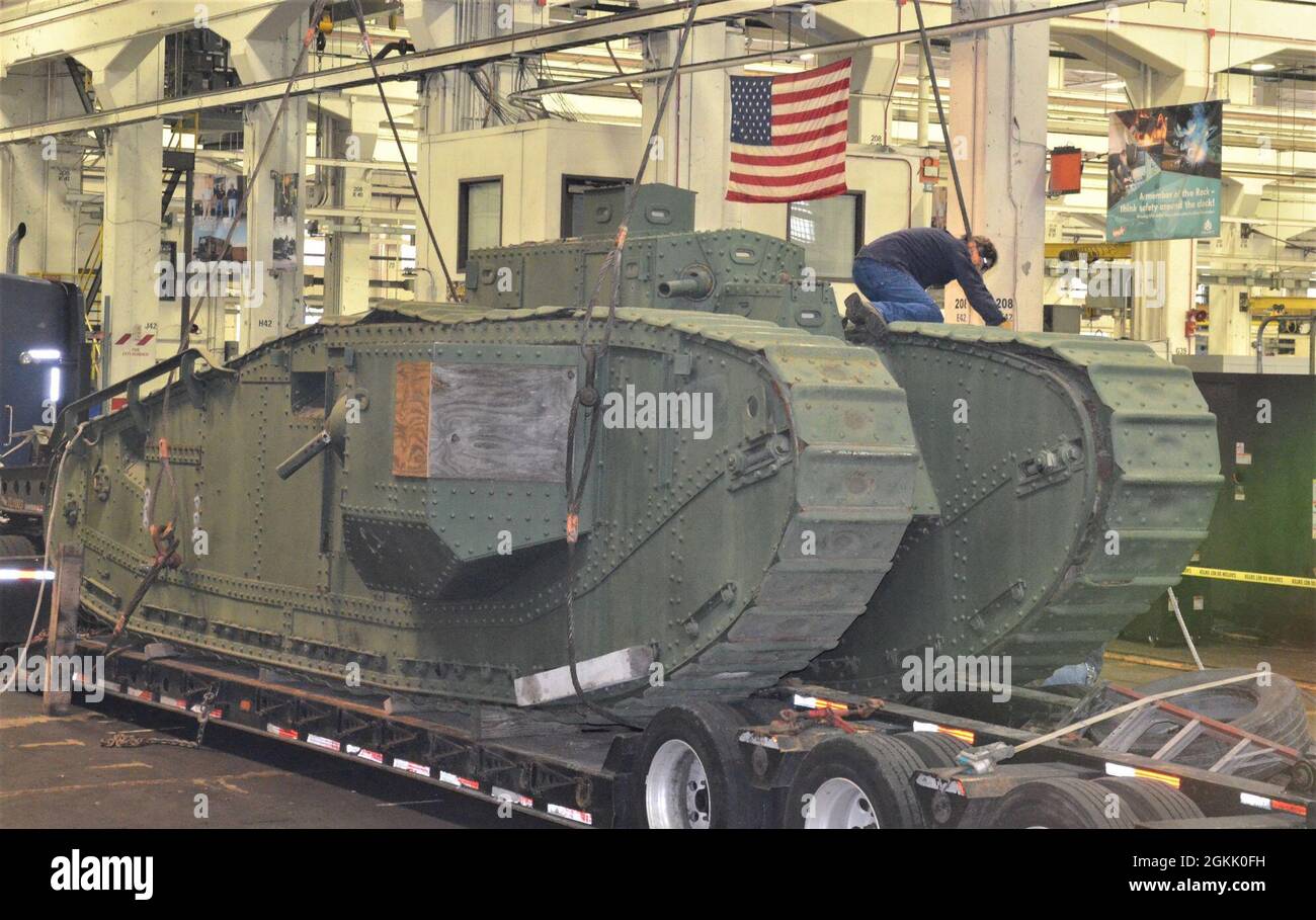 The historic Liberty Mark VIII tank arrives at the Rock Island Arsenal Joint Manufacturing and